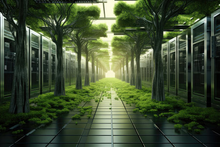Futuristic hallway with trees in the background. 3D rendering, Bright server room with trees and grass growing out out of servers, AI Generatedの素材