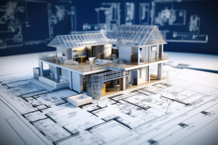 House model on blueprints. Construction concept. 3D Rendering, building project plan blueprint of a modern house, AI Generatedの素材