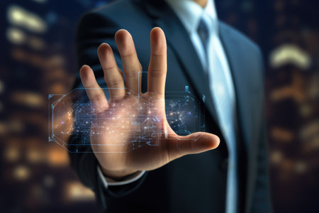 businessman hand with virtual screen over blur city background, technology concept, Businessman hand on blurred background using digital holographic interface 3D rendering, AI Generatedの素材