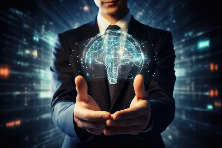 Close up of businessman holding digital brain hologram in palm. 3D rendering, Businessman hand using digital brain interface with data analysis and cloud computing concept, AI Generatedの素材
