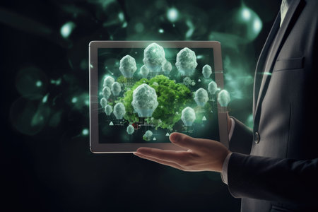 Close up of human hands holding tablet pc with green cloud computing concept, Businessman holding a tablet with CO2 emissions in his hands 3D rendering, top section cropped, AI Generatedの素材