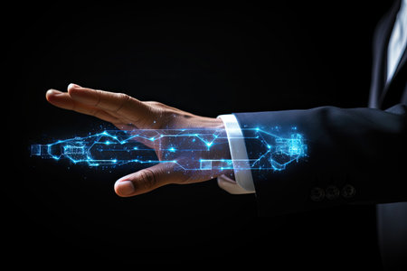 Close up of businessman hand holding abstract glowing circuit on dark background. 3D rendering, Businessman hand using digital hologram interface with his finger on Black, AI Generatedの素材