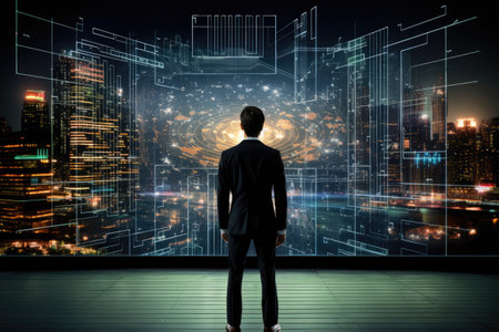 Back view of businessman looking at virtual panel with cityscape at background, Businessman standing in front of a digital big screen hologram showing business data, rear view, AI Generatedの素材