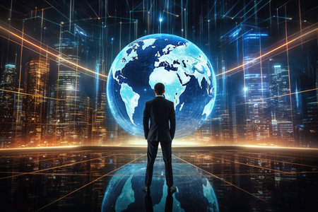 Back view of businessman looking at Earth planet hologram over cityscape background, Businessman standing in front of a big hologram screen showing global network system, rear view, AI Generatedの素材