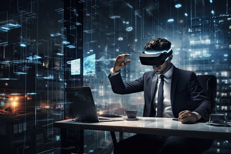 Businessman wearing virtual reality goggles in office with cityscape at background, Businessman using virtual reality headset in modern office at night. Mixed media, AI Generatedの素材