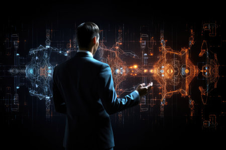 Back view of businessman working with virtual panel and connection concept on background, Businessman using advanced AI technology on a Black background, rear view, AI Generatedの素材