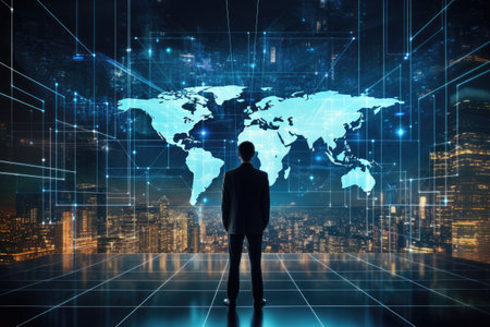 Rear view of businessman looking at digital world map on night city background, Businessman working on a hologram showing global map, rear view, AI Generatedの素材