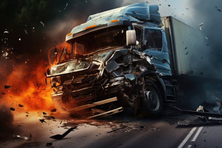 Dangerous accident on the road with a truck in the foreground, Car crash accident with TIR truck on road, AI Generatedの素材