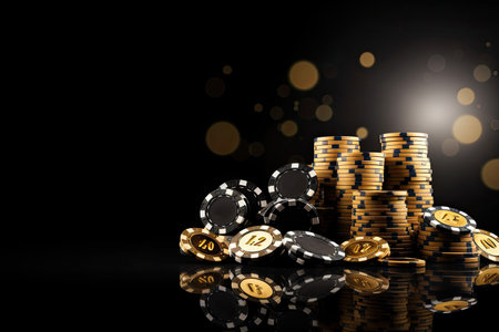 3d illustration of golden casino chips over black background with bokeh, Casino game poker card playing gambling chips black and gold style banner backdrop background Concept, AI Generatedの素材
