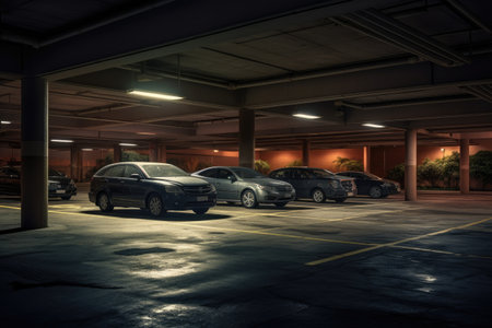 Parking lot with parked cars at night. 3d rendering. Car park at the end of the day, AI Generatedの素材