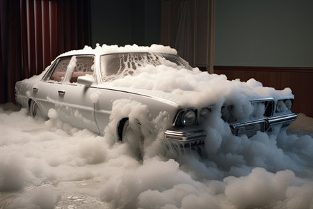 Car covered with soap foam in a bathroom. 3D rendering. car in foam on sink, AI Generatedの素材