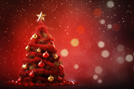 Christmas tree with red balls and golden star on bokeh background, Christmas Tree With Ornament And Bokeh Lights In Red Background, AI Generatedの素材