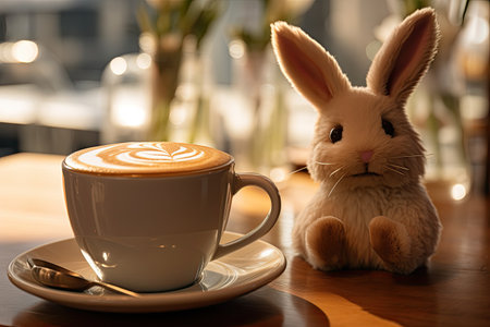 Cup of coffee with cute bunny on table in cafe, closeup, Chocolate easter bunny sitting beside coffee latte, AI Generatedの素材