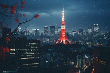 Tokyo Tower and Tokyo cityscape at night with snowflakes, City view with Tokyo Tower, Tokyo, Japan, AI Generatedの素材