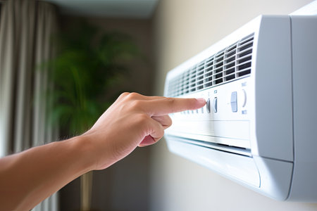 Close-up Of Person Hand Adjusting Air Conditioner On Wall, Closeup of a man hand using remote control to con, AI Generatedの素材