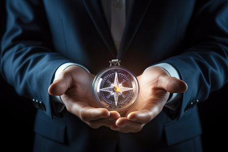 Businessman holding a compass in his hands. Close up view, Close up of businessman hand holding compass. Digital business concept, AI Generatedの素材
