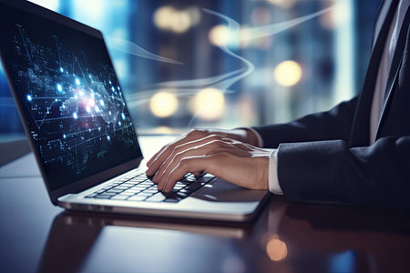 business, technology and internet concept - close up of businessman working with laptop computer in office, Close up of businessman hands typing on laptop keyboard. Network, AI Generatedの素材