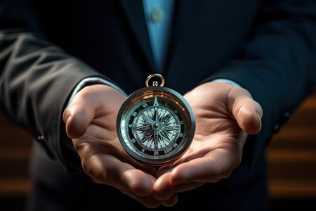 Close up of businessman holding compass in palm. Business travel and navigation concept, Close up of businessman hand holding compass. Digital business concept, AI Generatedの素材