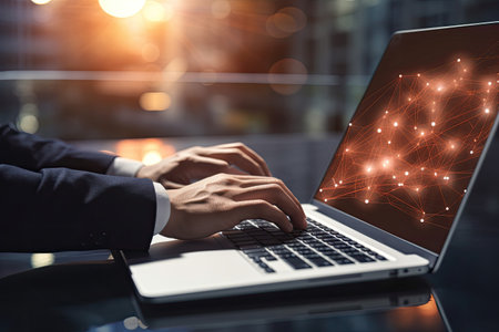 Close up of businessman working on laptop with abstract glowing network hologram, Close up of businessman hands typing on laptop keyboard. Network and communication concept, AI Generatedの素材