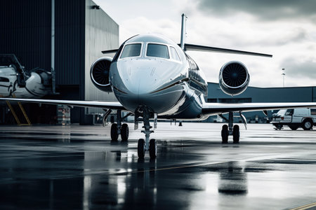 Airplane at the airport in cloudy day. Toned image,  Closeup of a business jet parked outside,  AI Generatedの素材