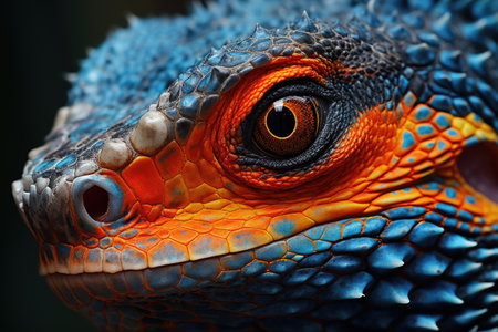 Close-up of a blue iguana's eye Pogona vitticeps, close up of iguana orange blue, AI Generatedの素材