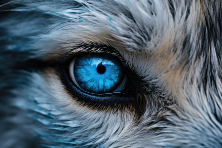 Blue eye of a fox close up. Blue eye of a fox, close up of super bright blue wolf eyes extreme detail, AI Generatedの素材