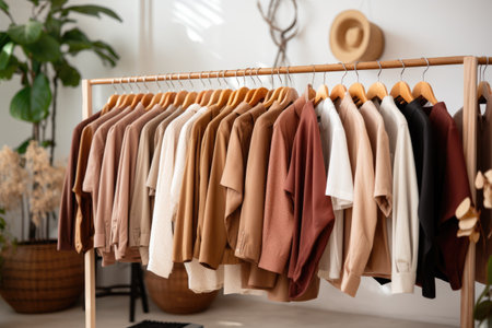 Rack with different stylish clothes in modern dressing room, closeup, Clothing on hanger at the modern shop boutique, AI Generatedの素材