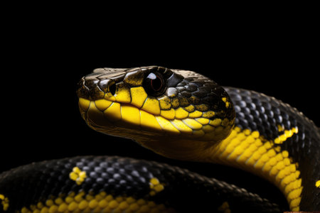 Close up of the head of a yellow snake on black background, Closeup of wild black yellow snake isolated on fl, AI Generatedの素材