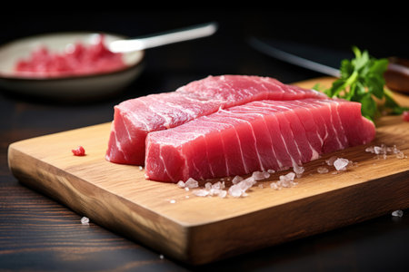 Tuna sashimi on cutting board. Raw fresh tuna fish on wooden table, closeup view of a fresh raw tuna steak on cutting, AI Generatedの素材