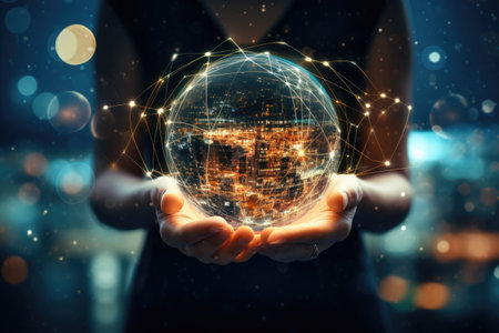 Businesswoman on blurred background holding holographic globe in her hands 3D rendering, Close up of woman hand holding global network connection concept. Mixed media, AI Generatedの素材