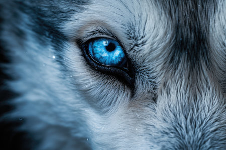 blue eyes of siberian husky close up, toned, close up of super bright blue wolf eyes extreme detail, AI Generatedの素材