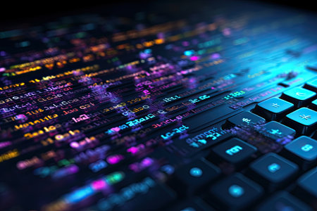 Computer keyboard with numbers and letters. 3d rendering toned image, Coding programming developing typing script source languages symbols project data showing in screen close up, AI Generatedの素材