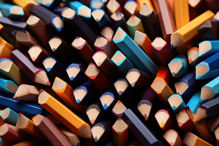 Colorful pencils background. Close-up. Selective focus, Colored sharpener pencils. Macro shot of many color pencils, AI Generatedの素材