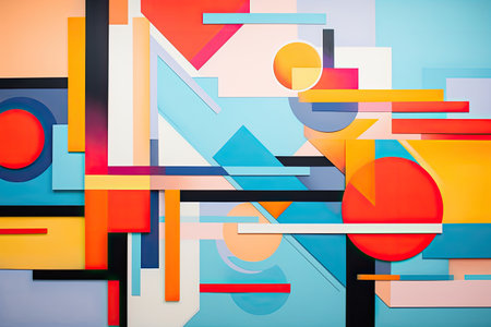 Abstract geometric background with overlapping colorful shapes and lines. Vector illustration, colorful geometric abstract painting on a wall, AI Generatedの素材