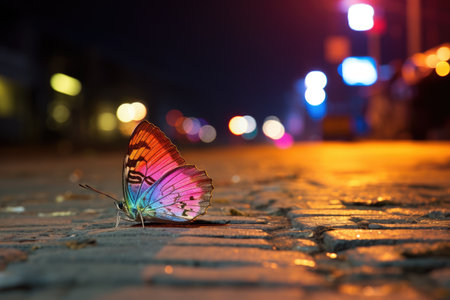 Butterfly on the street in the evening. Blurred background, colourful butterfly on the side walk of a busy street, lots of people, night, macro photography, AI Generatedの素材