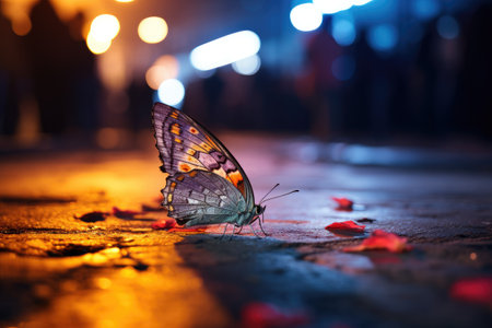 Beautiful butterfly sitting on the ground in the city at night, colourful butterfly on the side walk of a busy street, lots of people, night, macro photography, AI Generatedの素材