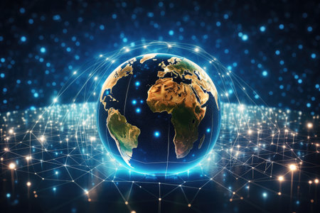 Global network connection over planet earth 3D rendering on dark blue background, Communication technology for internet business. Global world network and telecommunication, AI Generatedの素材