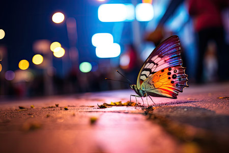 Butterfly on the road in the city at night, Thailand, colourful butterfly on the side walk of a busy street, lots of people, night, macro photography, AI Generatedの素材