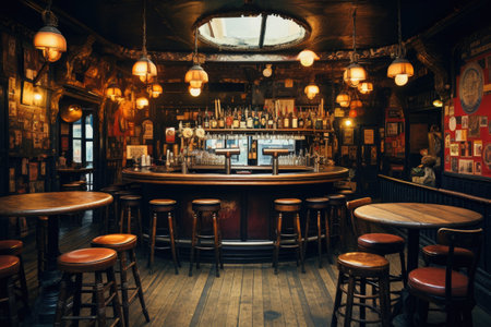 Interior of a pub with wooden tables and chairs. Toned, Concept of pub culture and drinking, AI Generatedの素材