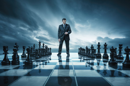 Businessman standing in front of chessboard and thinking about strategy, competitive advantage, strategic marketing concept, AI Generatedの素材