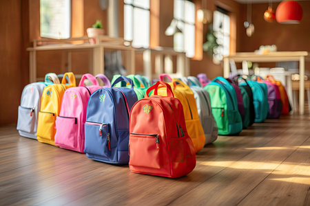 colorful school backpacks in a row on wooden floor in classroom, Colourful children schoolbags on wooden floor. Backpacks with school accessories, AI Generatedの素材