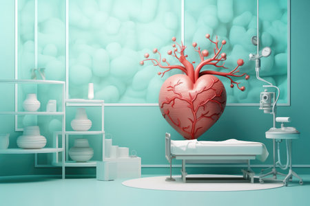 3d rendering of a heart in a modern room with medical equipment, Conceptual medical background image with copy space. 3D rendering, AI Generatedの素材