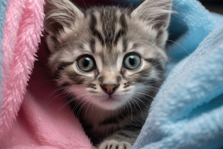 Cute little bengal kitten with blue eyes lying on blue blanket, cute wet gray tabby cat kitten after bath wrapped in pink towel with blue eyes, AI Generatedの素材