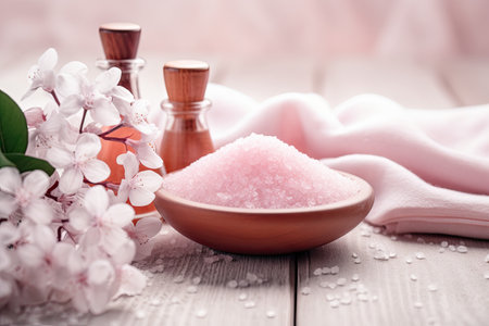 Spa still life with pink bath salt and flowers on wooden background, Concept of spa treatment with pink salt, AI Generatedの素材