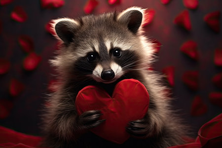 Raccoon with a red heart on a dark background with rose petals, Cute Baby raccoon holding red heart on valentines Day, AI Generatedの素材