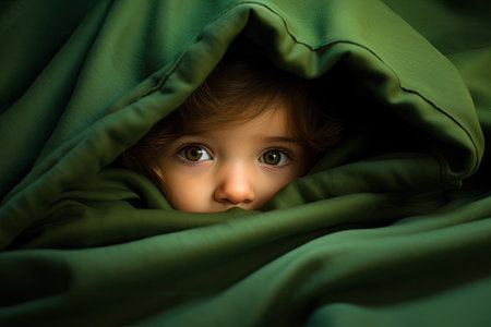 Portrait of a cute little girl hiding under a green blanket, Cute little baby girl is hiding under a green blanket in bed, AI Generatedの素材
