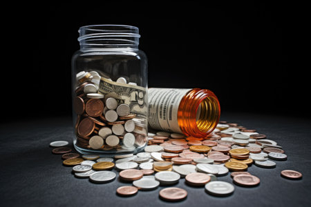 Coins spilling out of a glass jar on black background with copy space, Expensive medicine contempt, with money and medicine, AI Generatedの素材