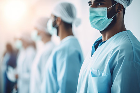Healthcare people group. Professional doctor working in hospital office with other doctors, nurse and surgeon. Medical technology research institute and doctor staff service concept, AI Generatedの素材