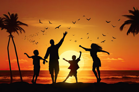 Silhouette of happy family having fun on the beach at sunset, Happy family jumping together on the beach silhouette, AI Generatedの素材