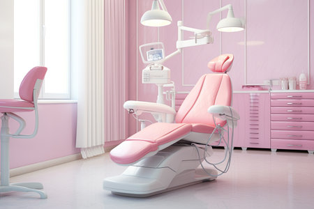 Interior of a pink modern dental clinic. 3d rendering, Dentist chair in the dental office. Dentistry concept, AI Generatedの素材